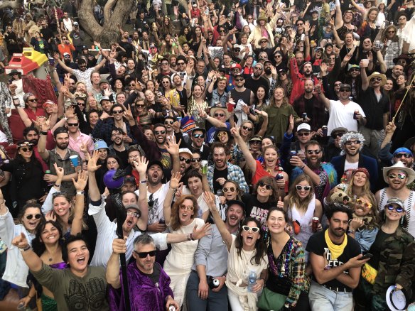Happy punters: festivalgoers pose for a photo at Golden Plains 2019.