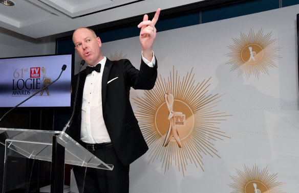 Still on a high - Tom Gleeson addresses the media room at the Logies following his Gold Logie win.