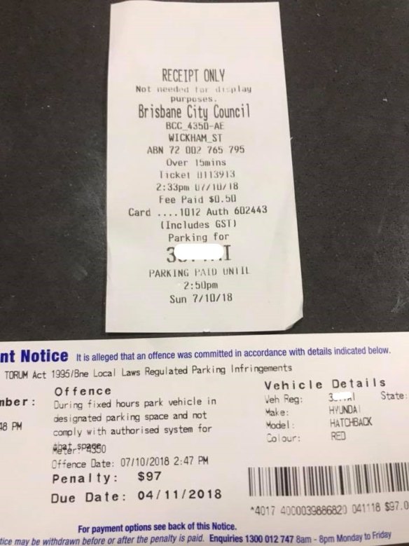Payment for parking and a parking fines issued by Brisbane City Council on October 7.