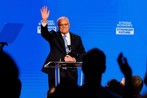 Australian Prime Minister Scott Morrison addresses the audience at The Brisbane Convention and Exhibition Centre for the official Coalition campaign launch.