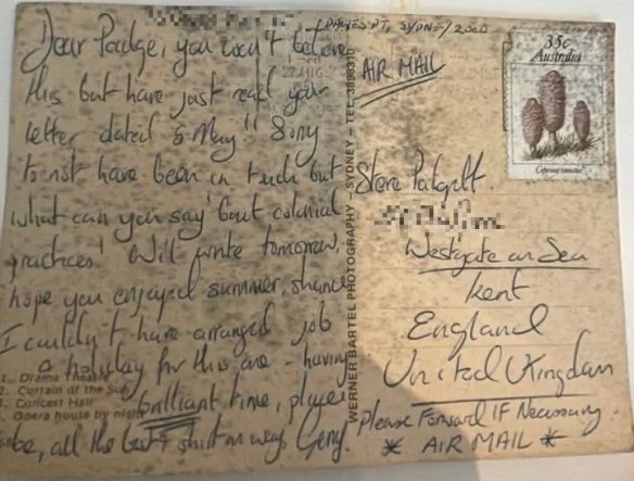 The postcard was addressed to Steve Padgett and included a handwritten message from “Gerry”.