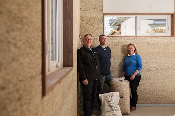 Construction of Canberra's first hemp house. From left, Director of Prostyle Building David Fogg, house owner Rowan Woodburn, and designer at Plan It Green Angela Knock. Photo: Jamila Toderas