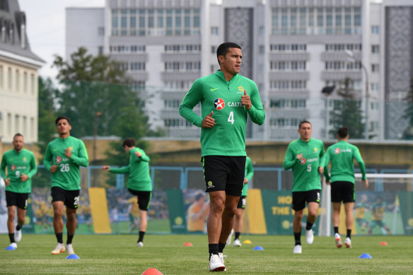 Leading the pack: Tim Cahill training with the Socceroos in Russia.