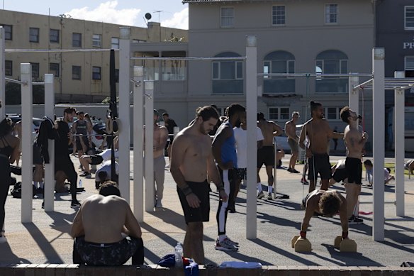 The outdoor gym at Bondi Beach was busy on Saturday, July 3 during Sydney's lockdown.