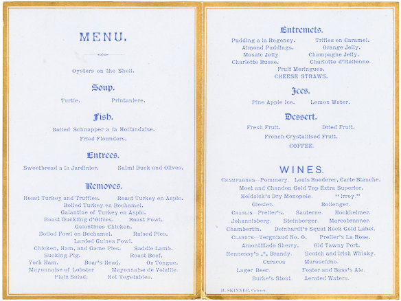 Menu for the inaugural dinner of Lord Mayor Benjamin Benjamin, 1887. E. Whitehead & Co.