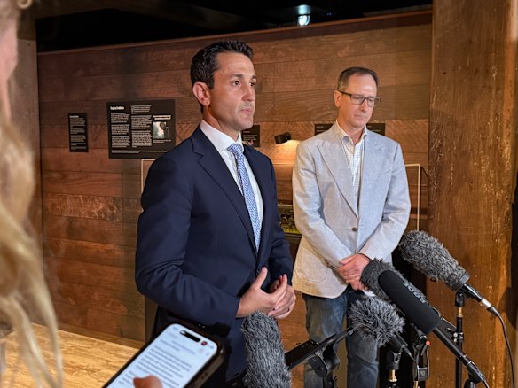 Jason Steinberg, president of the Queensland Jewish Board of Deputies, with Premier David Crisafulli at the Queensland Holocaust Museum on Sunday. 