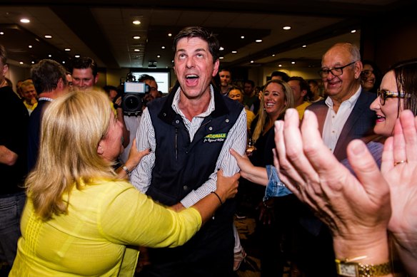  Nationals candidate David Layzell reacts after winning the seat of the Upper Hunter. 
