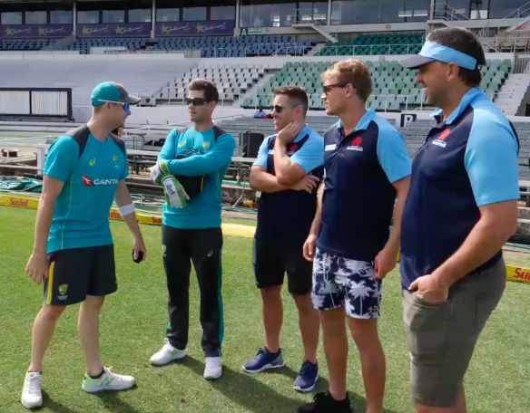 Chewing the fat: Australian cricket players and Waratahs players in Durban.