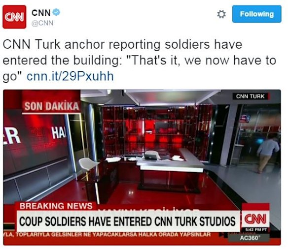 The CNN Turkish studio is evacuated as Turkish military shut it down.

Photo via CNN Twitter.