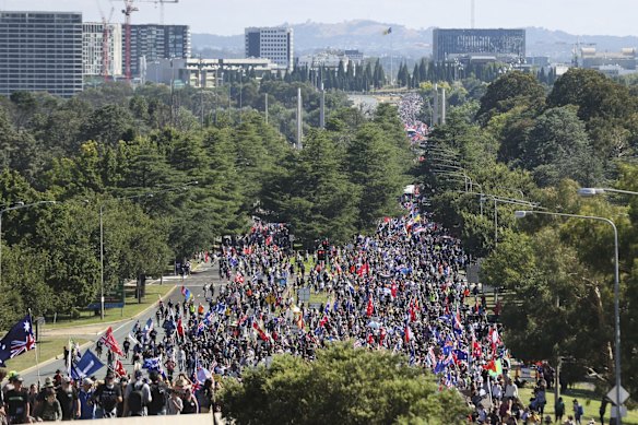 'Convoy to Canberra' protesters march towards the Parliamentary triangle, in Canberra.