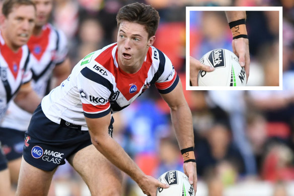 Rising star: Sam Verrills has overcome family tragedy to make his NRL debut. Inset: Verrills has his late brother's initials scribbled on his wristband.