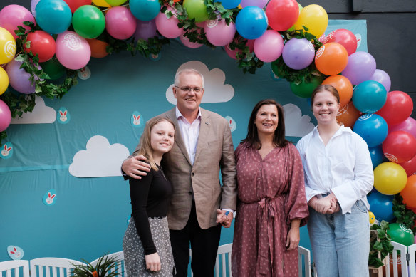 Scott Morrison with his wife Jenny and children Lily and Abbey at an Easter Sunday service in 2022.