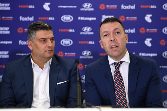 Brains trust: Macarthur-South West Sydney co-chairman Gino Marra (left) and Campbelltown mayor George Brticevic speak after the region's A-League expansion bid was given the green light in December.
