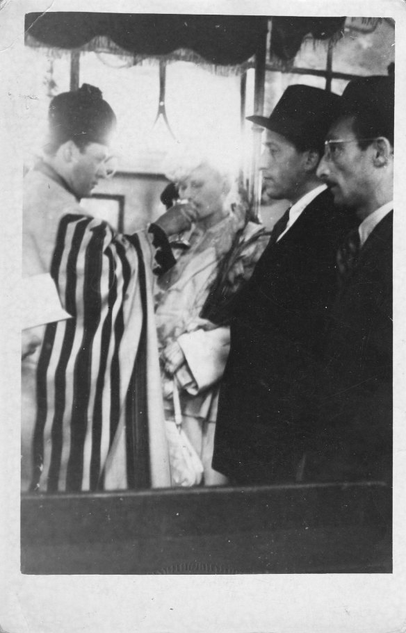 The author's grandfather, Jan Randa, and grandmother, Dasa Roubickova, during their wedding ceremony in Prague's Altneu Synagogue in 1947.