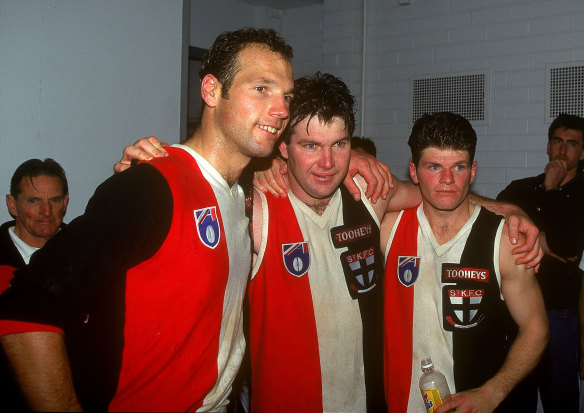 Time gone by: Danny Frawley (centre) celebrates a win with Stewart Loewe and Robert Harvey in 1995.