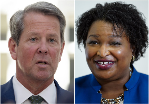 This combination of file photos shows Georgia Governor Brian Kemp,  and Democratic candidate Stacey Abrams in Decatur.