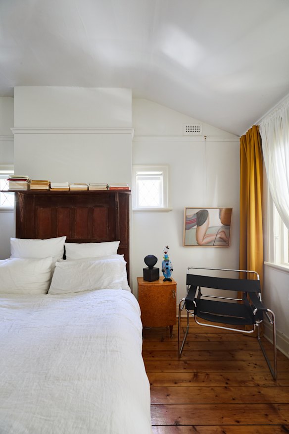 The 1920s fireplace now acts as Williams’ bedhead, and the artwork, titled xxxoxooxxoxox, is by Melbourne artist Hannah Atherton. The replica “Wassily” chair is a second-hand find.