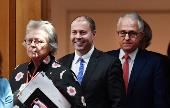 Kerrie Schott, Josh Frydenberg and Malcolm Turnbull at the release of the federal government's National Energy Guarantee.