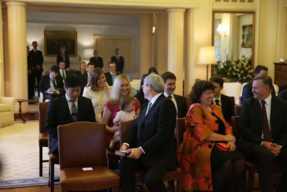 Prime Minister Kevin Rudd and Governor General Quentin Bryce at Government House after he was sworn in with Deputy Prime Minister Anthony Albanese and Treasurer Chris Bowen in Canberra on Thursday 27 June 2013.