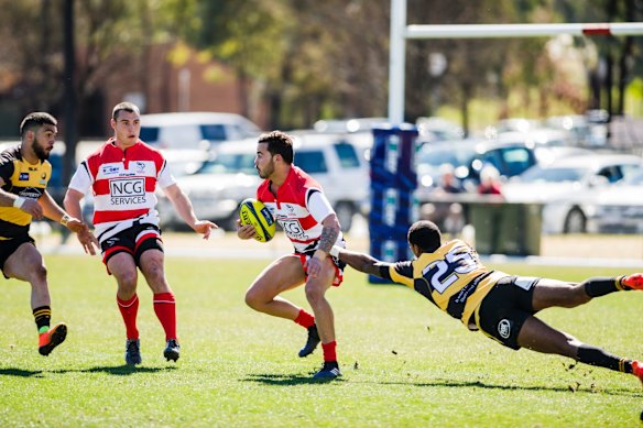 Canberra Vikings v Perth Spirit in National Rugby Championship rugby union. Canberra Vikings right wing Andrew Muirhead, and Perth Spirits right centre Marcel Brache.