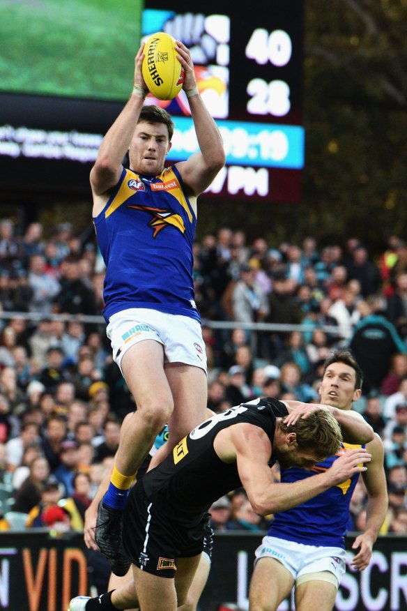 ADELAIDE, AUSTRALIA - MAY 10: Jeremy McGovern of the Eagles takes a mark over Jay Schulz of the Power during the round six AFL match between the Port Adelaide Power and the West Coast Eagles at Adelaide Oval on May 10, 2015 in Adelaide, Australia.  (Photo by Daniel Kalisz/Getty Images)