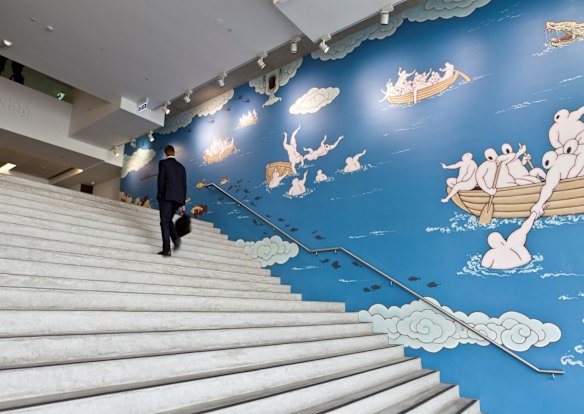 Guan Wei, The Journey to Australia, 2013. Installation view, Museum of Contemporary Art Australia. Synthetic polymer paint on wall. Commissioned by the Museum of Contemporary Art, 2013.