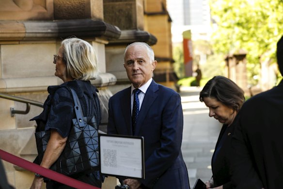 Former Prime Minister Malcolm Turnbull and Lucy Turnbull arrive to the State Funeral for the Honourable Susan Maree Ryan AO.