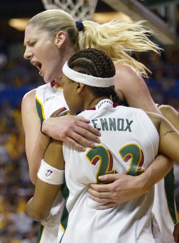Lauren Jackson hugs Seattle teammate Betty Lennox during the WNBA finals series against the Connecticut Sun in 2004.