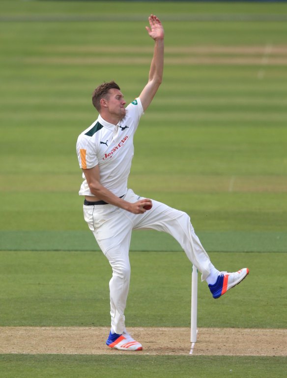 Nottinghamshire's Jake Ball bowls against Surrey in June 2016.