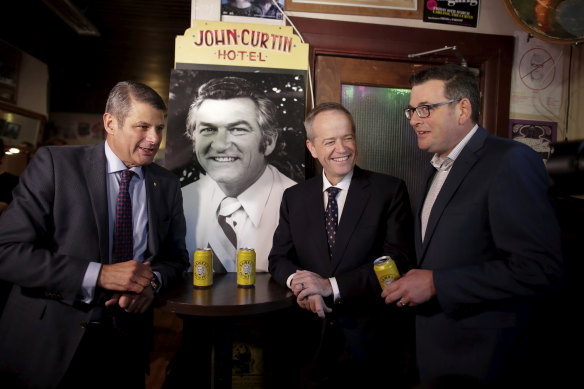 Then-opposition leader Bill Shorten (centre), with former premier Steve Bracks (left) and Premier Daniel Andrews following the death of Bob Hawke.