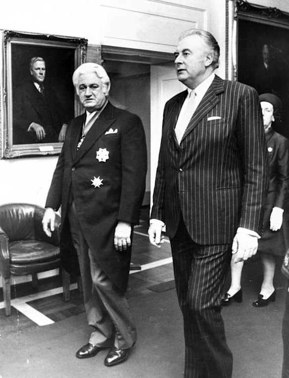 Sir John Kerr and Prime Minister Gough Whitlam in procession in the King's Hall, Parliament House, Canberra, for the swearing in of Kerr as the new Governor General, 11 July 1974.