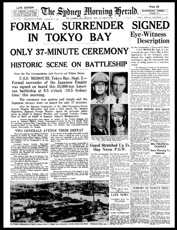 Front page of The Sydney Morning Herald from September 03 1945