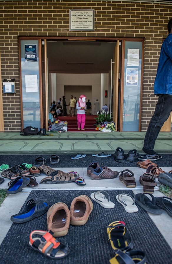 Shoes outside Gungahlin Mosque during the early afternoon prayer on Saturday.