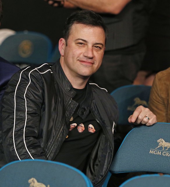 Comedian Jimmy Kimmel watches a preliminary bout before the start of the world welterweight championship main event between Floyd Mayweather Jr., and Manny Pacquiao.