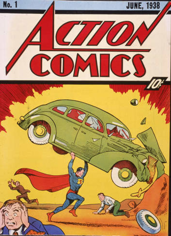 Cover illustration of the comic book Action Comics No. 1 featuring the first appearance of the character Superman in June 1938.