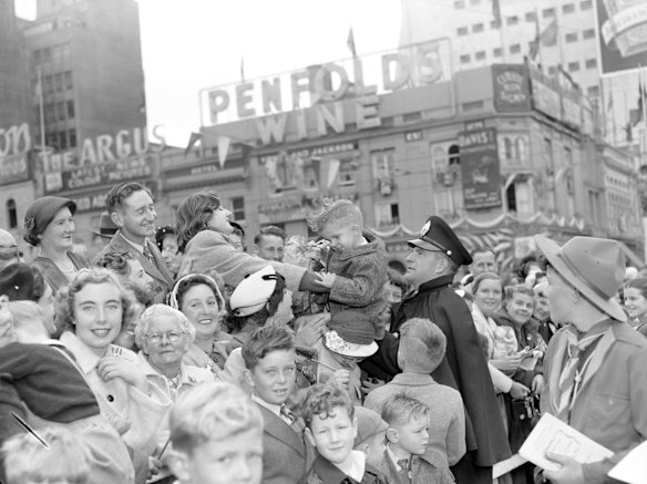 So keen was three-year-old Geoffrey Cowie, of Wangaratta, Victoria, to see the Queen arrive at St Paul's Cathedral in Melbourne 28 February 1954, that he crawled away from his parents through the crowd to a point in front of the barricade. But First Constable G. Walker thought young Geoffrey would be better with his mother and handed him back over the crowd.