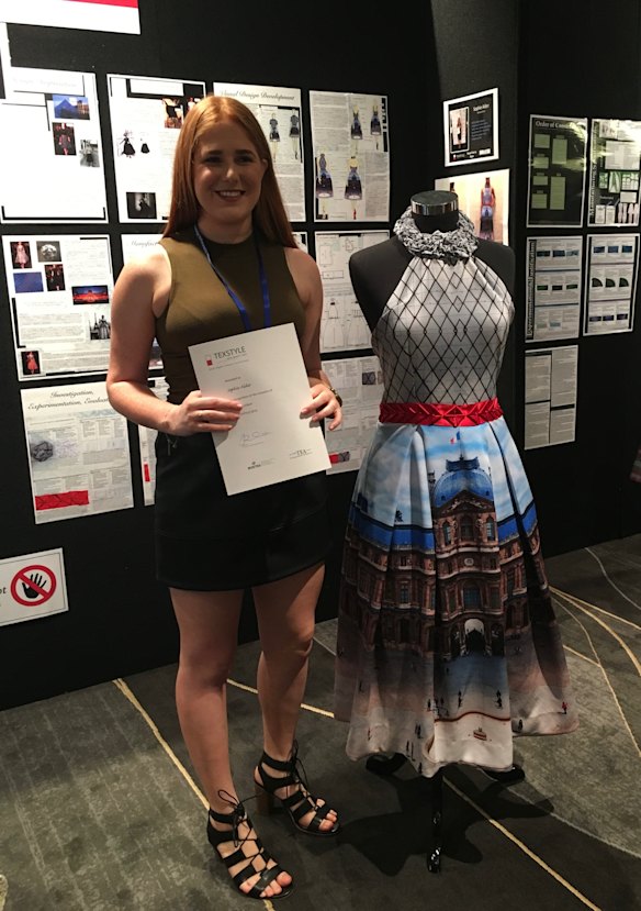 Sophie Alder graduated from Wenona School in 2015, and topped the state in textiles and design. She is pictured above, with her major work that was inspired by the Louvre Museum.