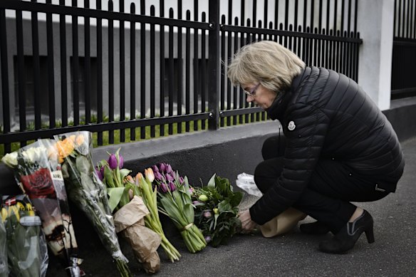 Chairman of the Danish Parliament, Pia Kjaersgaard, with flowers for the victims of the Brussels attacks, at the Belgium Embassy in Copenhagen.