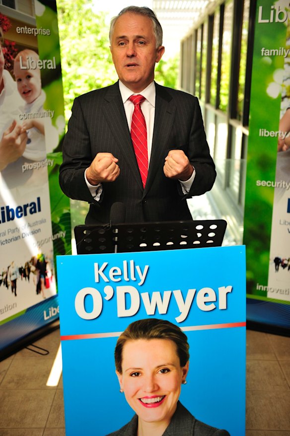 Malcolm Turnbull as federal opposition leader campaigns for Kelly O'Dwyer as candidate for Peter Costello's seat of Higgins at Malvern in 2009.
