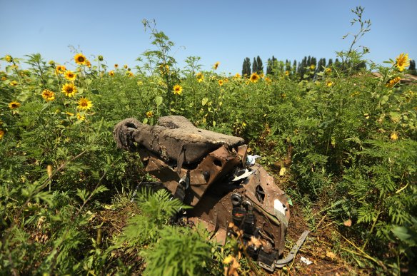 One of the pilots’ seats at one of the sites where the front section of Malaysia Airlines flight MH17 crashed.