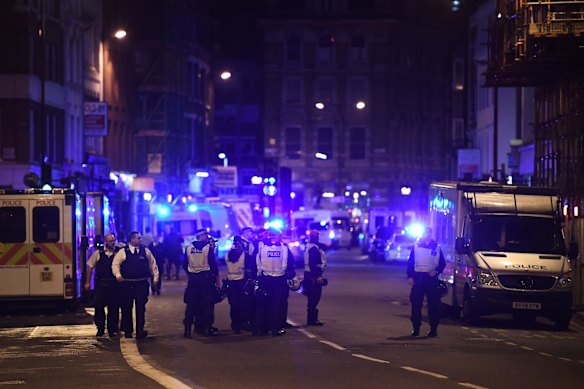 Police at the scene in Borough high street at London Bridge.