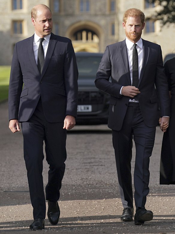 Britain's Prince William, Prince of Wales, left and  Prince Harry walk to meet members of the public at Windsor Castle.