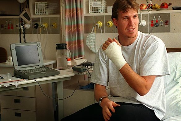 Jim Stynes at the Cabrini Hospital with a broken hand, April 21 1998.