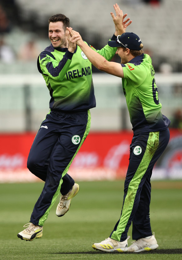 Ireland’s George Dockrell after taking the wicket of Harry Brook. 