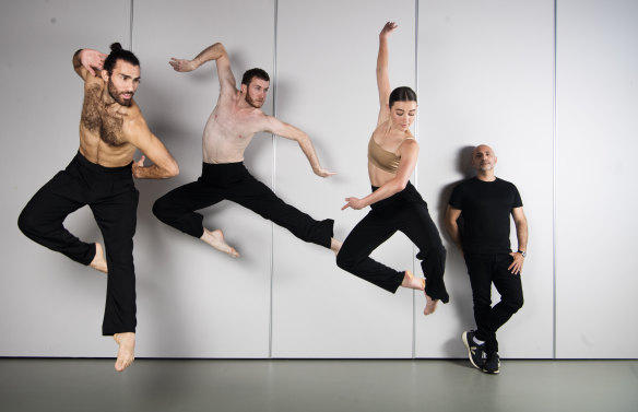 Dancers Dimitri Kleioris, Liam Green and Mia Thompson with the Sydney Dance Company’s artistic director Rafael Bonachela.