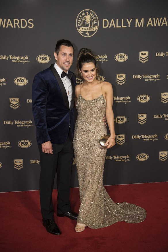 Newcastle's Mitchell Pearce and Kristin Scott arrive ahead of the 2019 Dally M Awards.