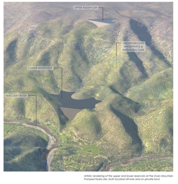 A graphic impression of the planned Oven Mountain pumped hydro project, midway between Kempsey and Armidale in northern NSW.