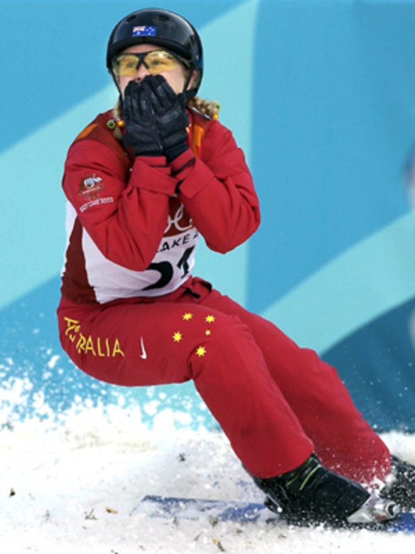 Australian gold medallist Alisa Camplin reacts after completing her second jump during the women's aerial finals in Salt Lake City in 2002.