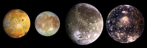 This composite includes the four largest moons of Jupiter which are known as the Galilean satellites. The Galilean satellites were first seen by the Italian astronomer Galileo Galilei in 1610. Shown from left to right in order of increasing distance from Jupiter, Io is closest, followed by Europa, Ganymede and Callisto.