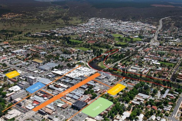 An aerial view of Queanbeyan's central business district, showing the blocks the local council has in mind to transform over the next five years. 